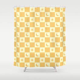Star And Moon - Checkered Pattern - Yellow Shower Curtain