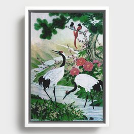 Red Crowned Cranes In Vintage Japanese Floral Landscape Framed Canvas