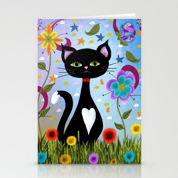Cat Sitting Among Flowers Abstract Art Stationery Cards