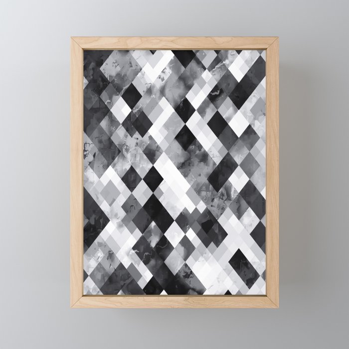 graphic design pixel geometric square pattern abstract background in black and white Framed Mini Art Print