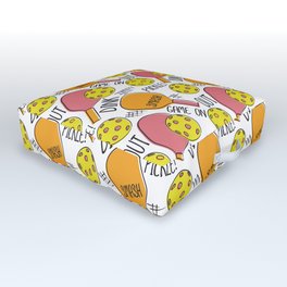 Funny Pickleball Pattern with Pickleball Sayings, Paddles, Balls - Pink, Orange, Yellow Outdoor Floor Cushion | Graphicdesign, Pattern, Pickleballsayings, Pickleballhome, Pickleball, Pickleballpresent, Pickleballtalk, Pickleballpattern, Pickleballdesign, Pickleballhumor 