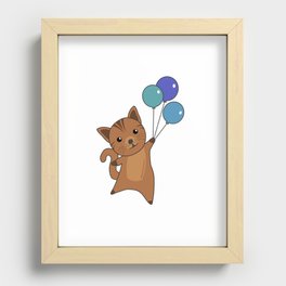 Cat Flies Up With Colorful Balloons Recessed Framed Print