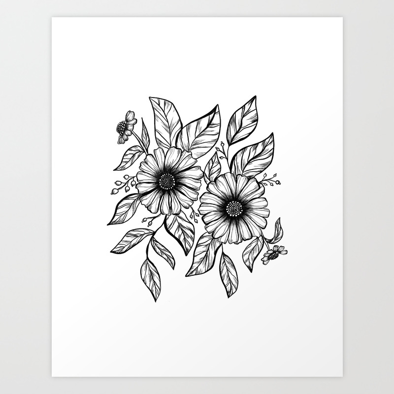 Floral Line Ink Drawing Botanical Drawing Daisy Flowers And Leaves Realistic Black And White Art Print By Writtenbykristen Society6 Using crepe paper in different ways, using just paper and glue, and i finalize with this way to share you. floral line ink drawing botanical drawing daisy flowers and leaves realistic black and white art print by writtenbykristen