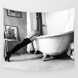 Head Over Heals - Female in Stockings in Vintage Parisian Bathtub black and white photography - photographs wall decor Wall Tapestry