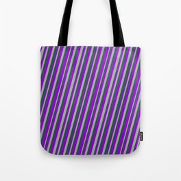 [ Thumbnail: Dark Violet, Dark Gray, and Dark Slate Gray Colored Striped Pattern Tote Bag ]