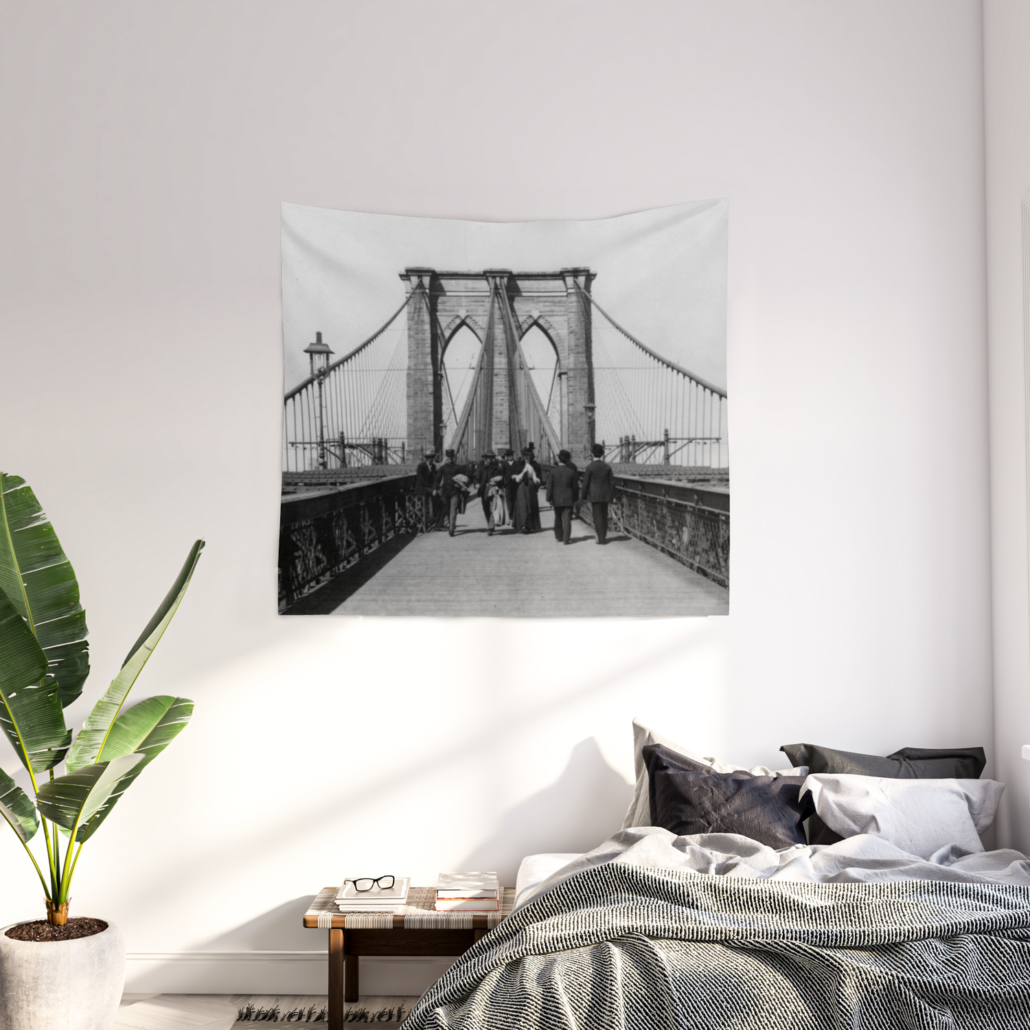 Fabric Tapestry Grayscale Photograph of the Brooklyn Bridge Home Decor 68x80 