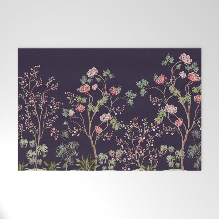 Beautiful exotic chinoiserie wallpaper. Hand drawn vintage chinese rose trees, palms, flowers, sakura Floral seamless border blue background.  Welcome Mat
