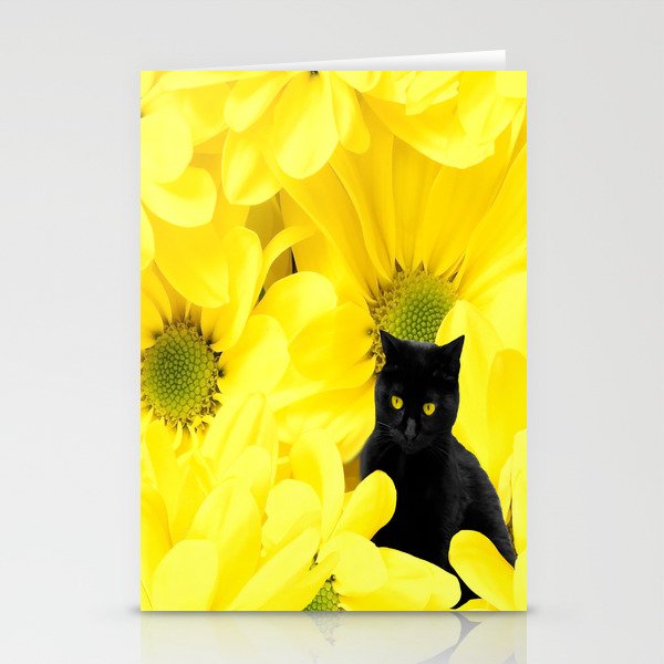 Black Cat Yellow Flowers Spring Mood #decor #society6 #buyart Stationery Cards