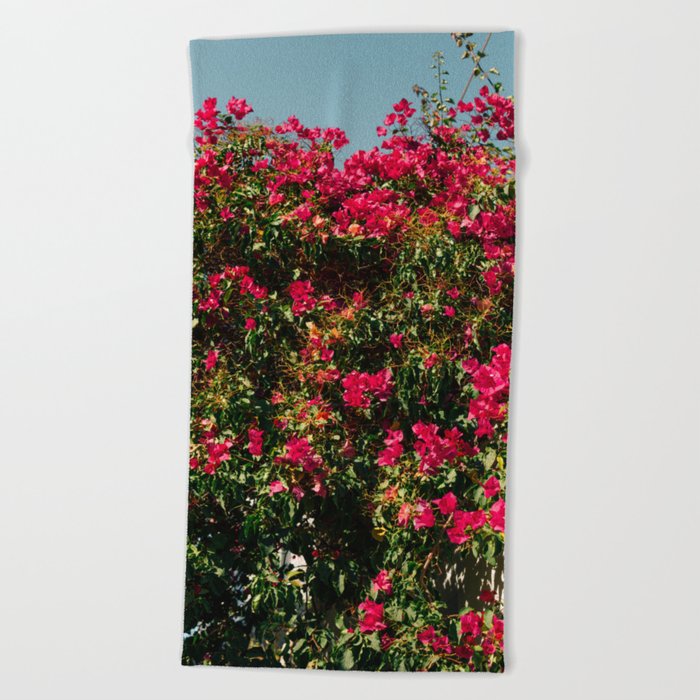 Vintage Flower Festival | Pink Flowers in Bush | Nature & Travel Photography Beach Towel