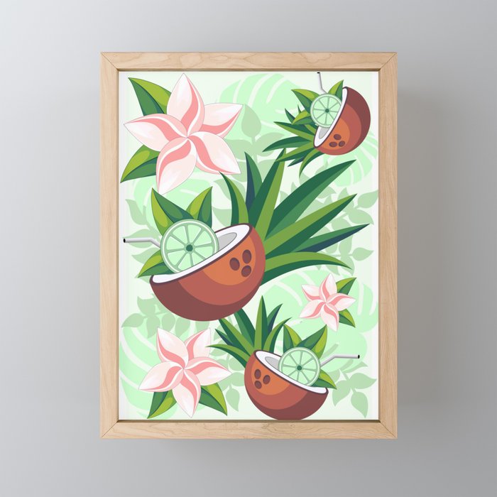 Lime in Coconut with Pink Plumeria Flowers Tropical Summer Pattern Framed Mini Art Print