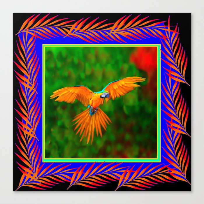 Decorative Flying Golden Blue Macaw Parrot  Black Green  Art Canvas Print