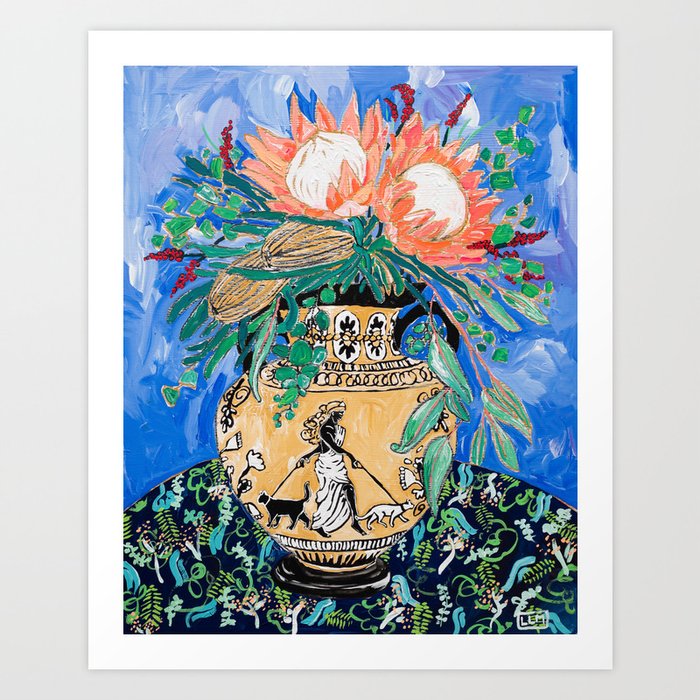 Cat Walk: Protea and Banksia Bouquet Floral Still Life with Greek Urn featuring Woman Walking Cats Art Print