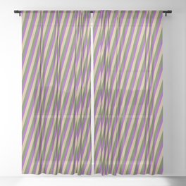 [ Thumbnail: Dark Orchid, Tan & Dark Olive Green Colored Lined Pattern Sheer Curtain ]