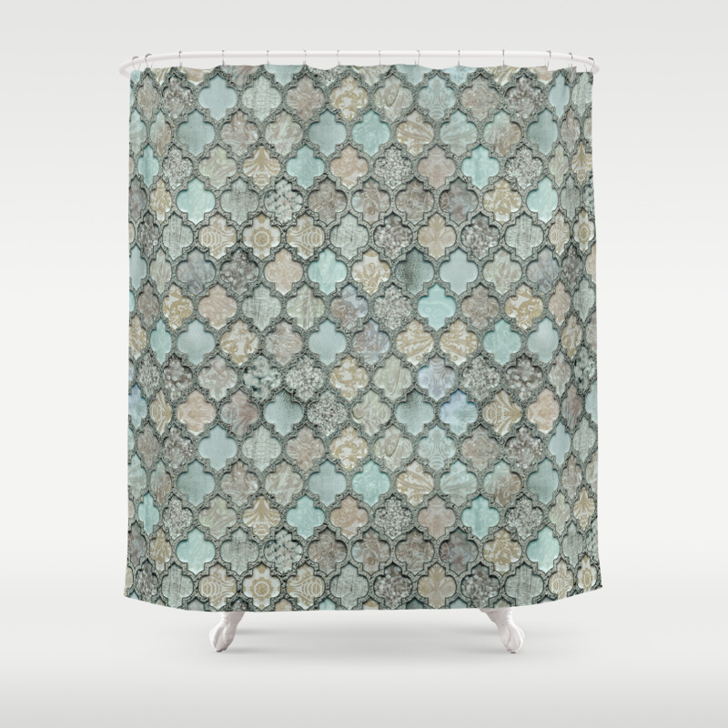 Old Moroccan Tiles Pattern Teal Beige, Moroccan Print Shower Curtain