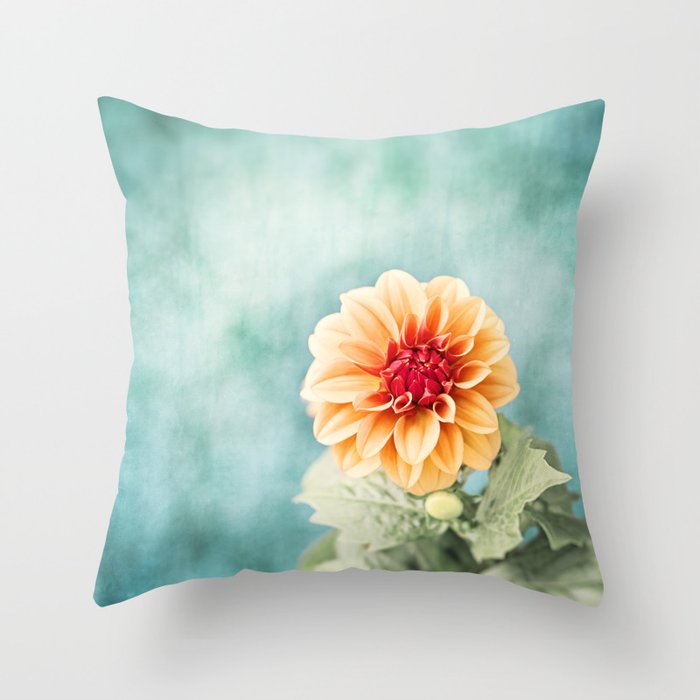 Aqua Orange Dahlia Flower Photography, Turquoise Teal Peach Nature Art Throw Pillow