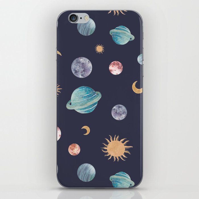 Watercolor planets, suns and moons - galaxy pattern iPhone Skin