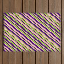 [ Thumbnail: Green, Light Pink & Indigo Colored Striped Pattern Outdoor Rug ]