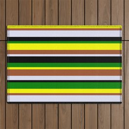 [ Thumbnail: Eye-catching Yellow, Sienna, Lavender, Black & Green Colored Striped Pattern Outdoor Rug ]