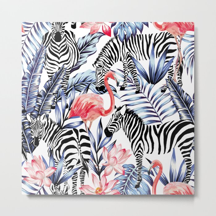 Exotic pink flamingo, zebra on background summer blue tropic palm leaf Metal Print