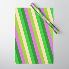 [ Thumbnail: Eye-catching Lime Green, Tan, Green, Orchid, and Forest Green Colored Stripes Pattern Wrapping Paper ]