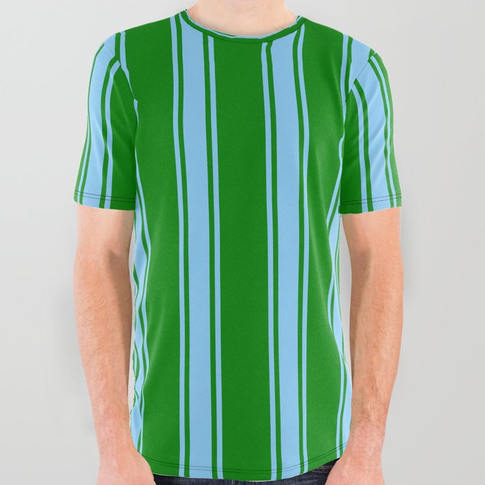 Green and Light Sky Blue Colored Striped Pattern All Over Graphic Tee