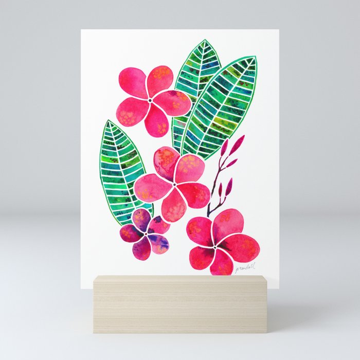 Pink Frangipani and Green Leaves Mini Art Print