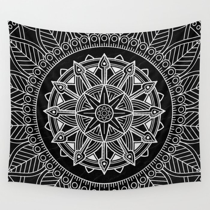 White Mandala On Black Background Wall Tapestry