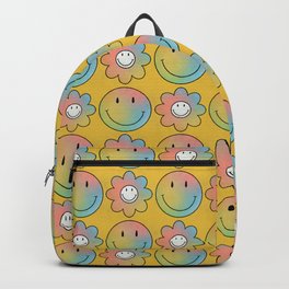 Smiley & Flower Smiley (Yellow Bg) Backpack | Drawing, Retro, Smiley, Colorful, Happy, Flower, Smile, Peace, Hippie, Pop Art 