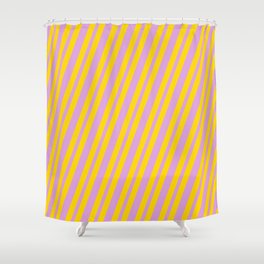 [ Thumbnail: Plum & Yellow Colored Lined/Striped Pattern Shower Curtain ]