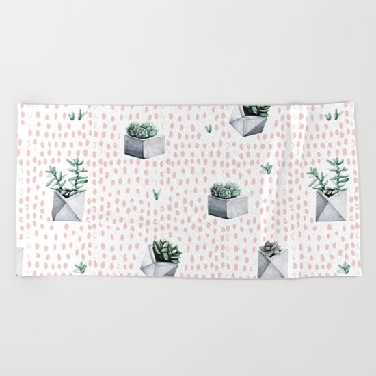 Potted Succulents Pink Polka Dots Beach Towel