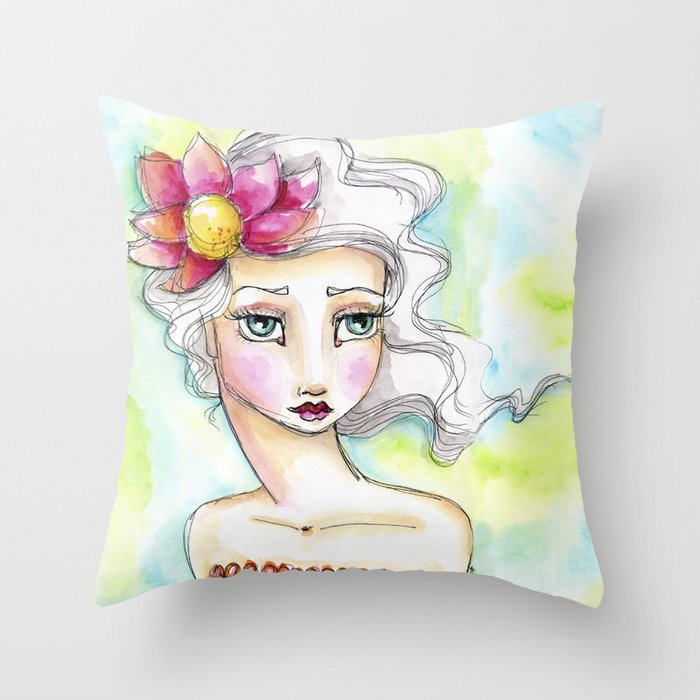 Lotus Flower Girl Throw Pillow