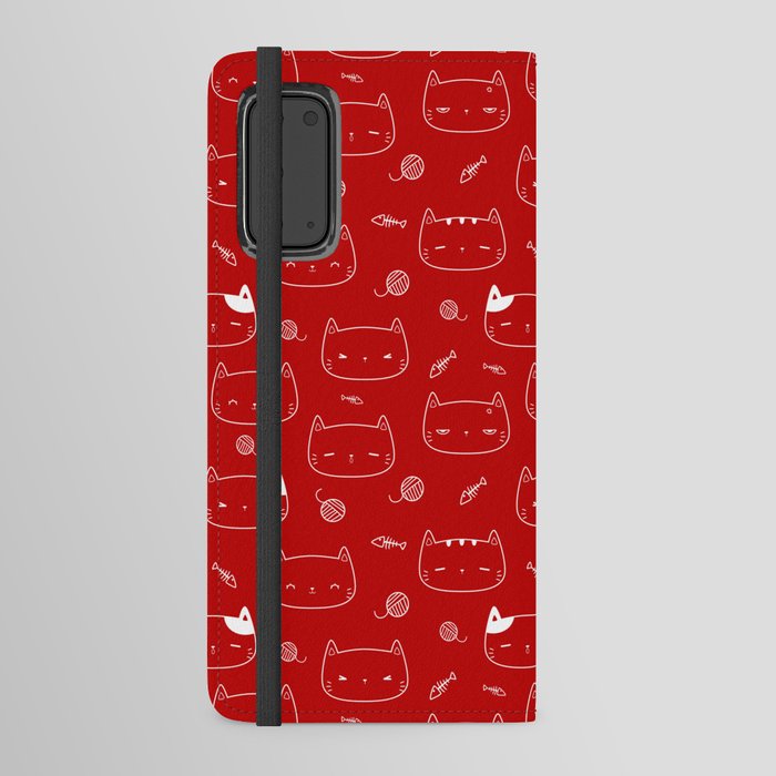 Red and White Doodle Kitten Faces Pattern Android Wallet Case