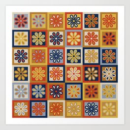 Retro Colorful Flower Checkerboard Art Print