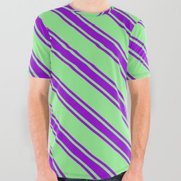 [ Thumbnail: Light Green & Dark Violet Colored Lines/Stripes Pattern All Over Graphic Tee ]