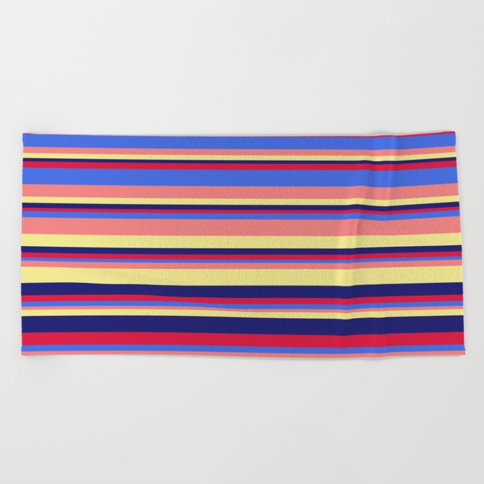 Eye-catching Crimson, Royal Blue, Light Coral, Tan, and Midnight Blue Colored Striped/Lined Pattern Beach Towel