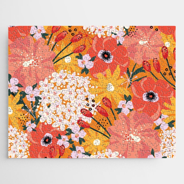 Blooming Summer Flowers Orange Red White Pattern Jigsaw Puzzle