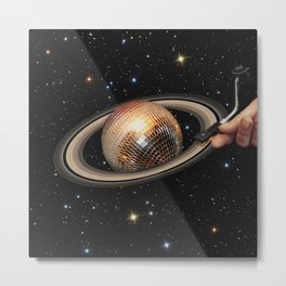 Galactic DJ II - Saturn Disco Ball Metal Print | Turntable, Surreal, Club, Music, Saturn, Retro, 80S, Gold, Party, Vinyl 