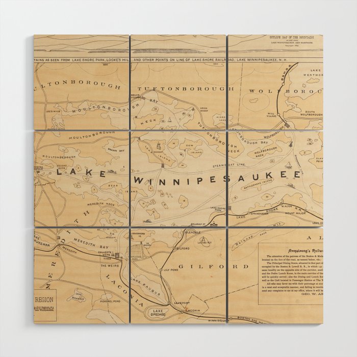 Vintage Map of Lake Winnipesaukee (1896) Wood Wall Art