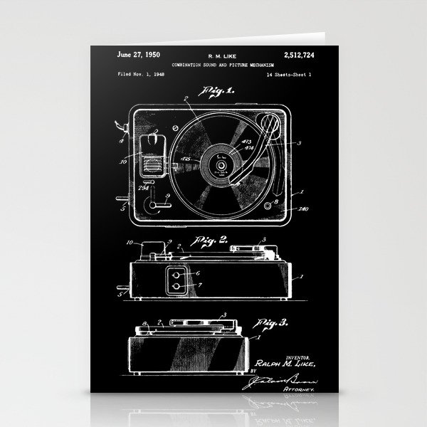 Turntable Patent - White on Black Stationery Cards