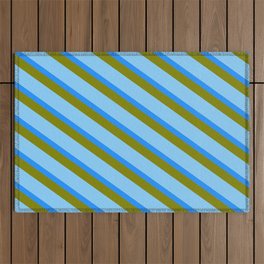 [ Thumbnail: Light Sky Blue, Blue & Green Colored Striped/Lined Pattern Outdoor Rug ]