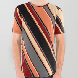 [ Thumbnail: Eye-catching Dim Grey, Dark Red, Tan, Coral, and Black Colored Striped Pattern All Over Graphic Tee ]