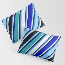 [ Thumbnail: Vibrant Blue, Light Sea Green, Light Sky Blue, White & Black Colored Lines/Stripes Pattern Pillow Sham ]