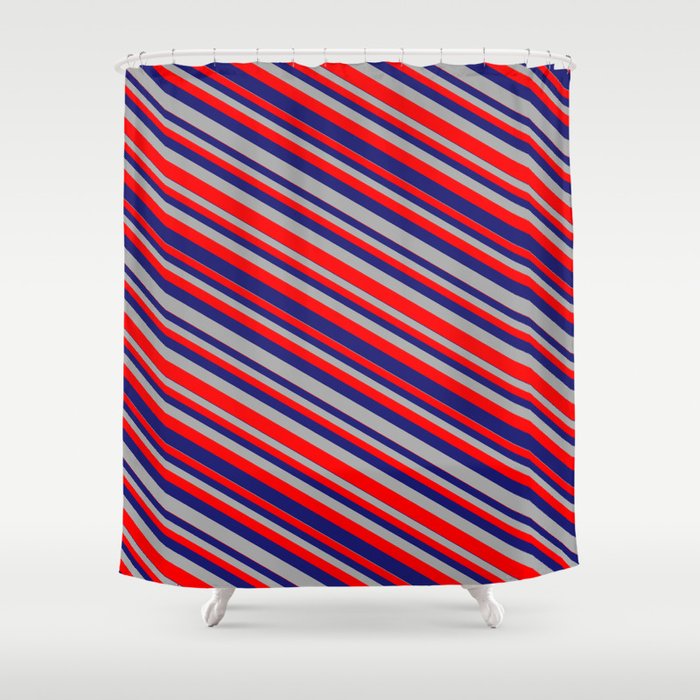 Midnight Blue, Dark Grey & Red Colored Striped/Lined Pattern Shower Curtain