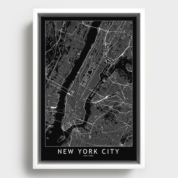 New York City Black Map Framed Canvas