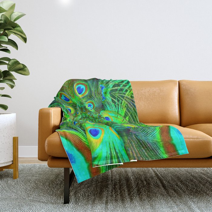 Ornate Green-Gold-Purple Peacock Feathers Art Throw Blanket