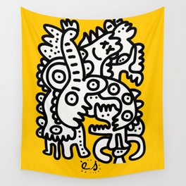 Black and White Cool Monsters Graffiti on Yellow Background Wall Tapestry
