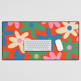 Daisy Time Colorful Retro Floral Pattern on Red Desk Mat