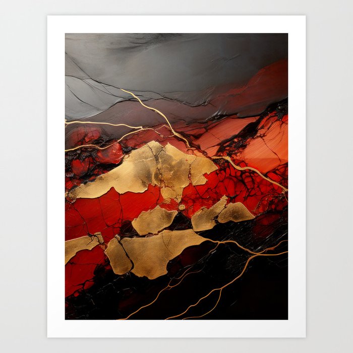 Dark Moody Black Gold And Red Marble Geode Art Print