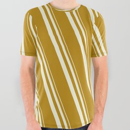 [ Thumbnail: Beige and Dark Goldenrod Colored Stripes Pattern All Over Graphic Tee ]