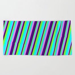 [ Thumbnail: Chartreuse, Aqua, Violet, and Indigo Colored Striped/Lined Pattern Beach Towel ]